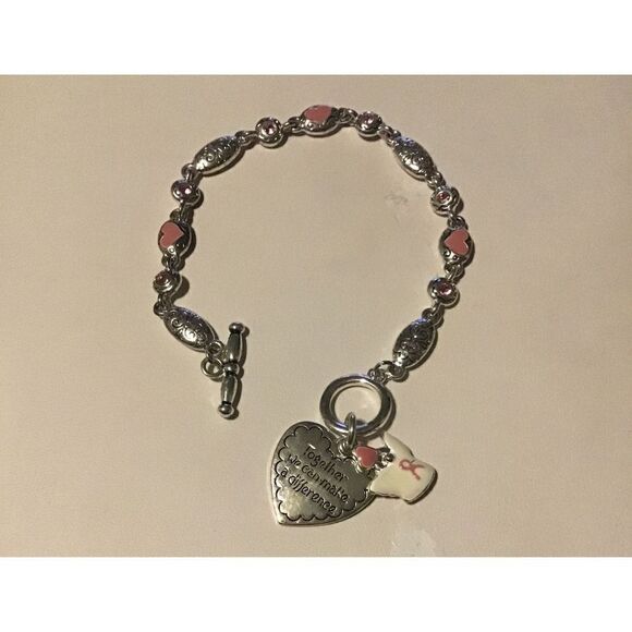 NEW~Inspirational Silver Pink Ribbon~Angel~Hearts Charm Toggle Bracelet - Picture 1 of 2